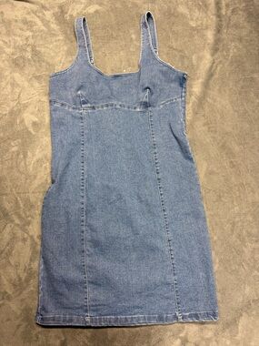 Classic Blue Denim Mini Dress with Square Neck Back Zipper Stretchy
